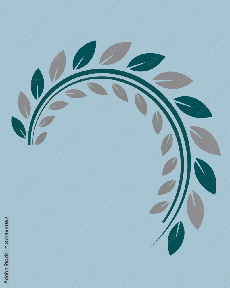Fototapeta premium Elegant Swirl of Teal and Gray Laurel Leaves Forming a Decorative Archway Against a Soft Blue Background, Symbolizing Victory and Achievement