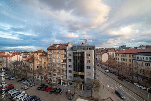 Aerial view of buildings and roads in old downtown Sofia, Bulgaria, Europe