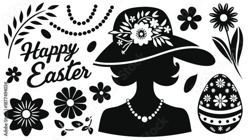 Elegant woman wearing hat with flowers and pearls on Easter