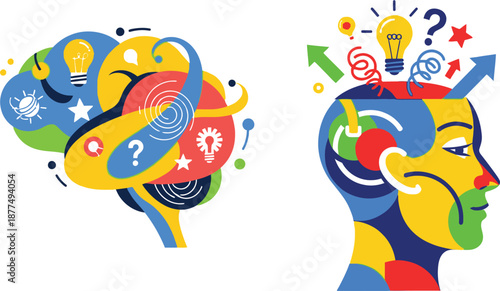 Vibrant abstract illustrations of human brain and head, symbolizing creative thinking, problem-solving, and the flow of innovative ideas within the mind