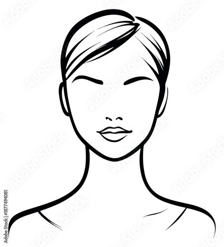 Minimalist line art illustration of a woman's face and shoulders depicting tranquility and beauty for beauty and wellness concepts