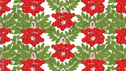 Seamless repeating pattern of bright red rowan berries and green leaves on a white background, perfect for textile design.