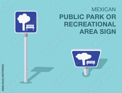 Traffic regulation rules. Isolated mexican "public park or recreational area" road sign. Front and top view. Flat vector illustration template.