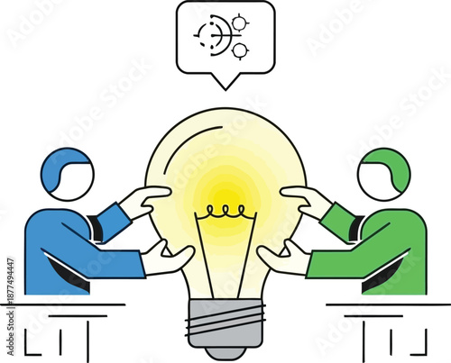 Two individuals collaboratively holding a bright illuminated light bulb symbolizing innovation and shared ideas, with a thought bubble depicting gears and concepts