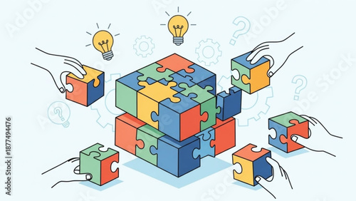 Colorful puzzle pieces coming together with lightbulbs and hands symbolizing problem solving and teamwork