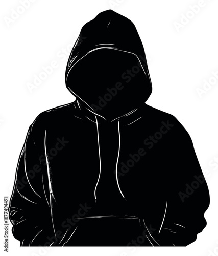 Hand drawn line art illustration of a hooded figure depicting anonymity for privacy and mystery concepts