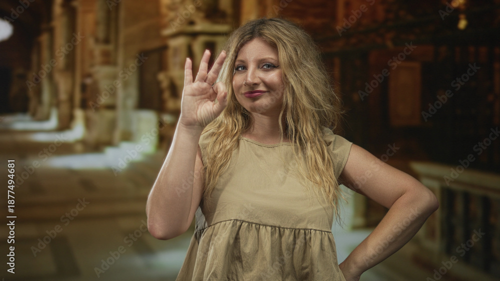 Fototapeta premium Woman making ok sign with hand inside church building, arm on hip, beige dress and loose blonde hair; approval confidence.
