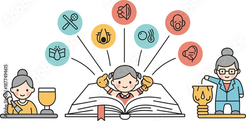 Young Girl's Intellectual Journey Unlocking Knowledge and Cultivating Skills Through Mentorship and Discovery in a Vibrant Educational Concept Illustration