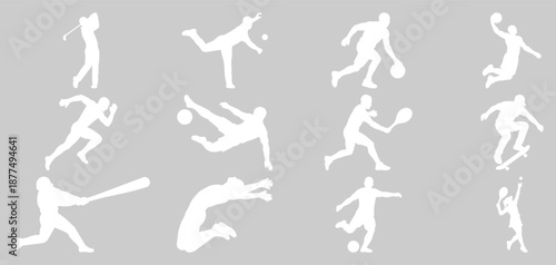 "Sports Player Silhouettes Collection, Athlete Action Poses, Baseball Tennis Soccer Figures, Dynamic Movement Shadows, Team Game Players, Active Sportsperson Set, Motion Body Figures"