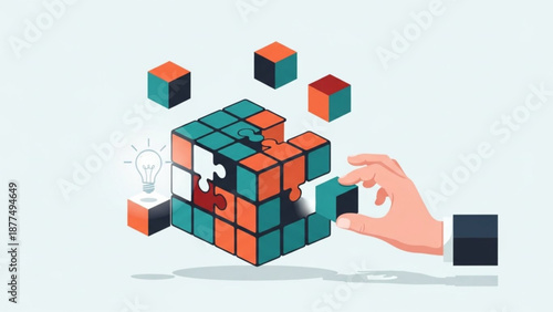 Hand solving colorful puzzle blocks with floating pieces and lightbulb idea