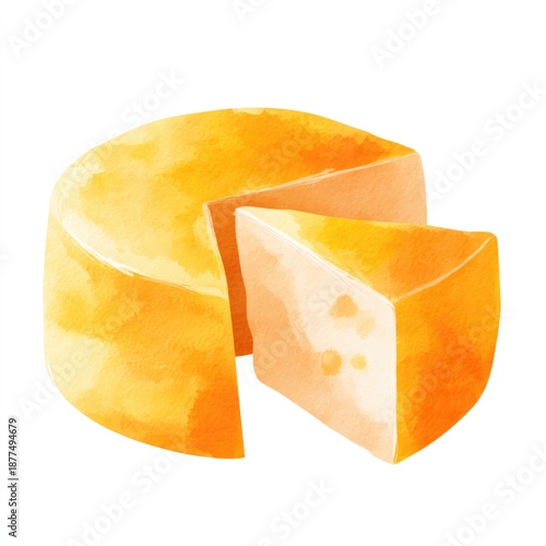 Watercolor illustration of whole and sliced cheddar cheese wheel on white background