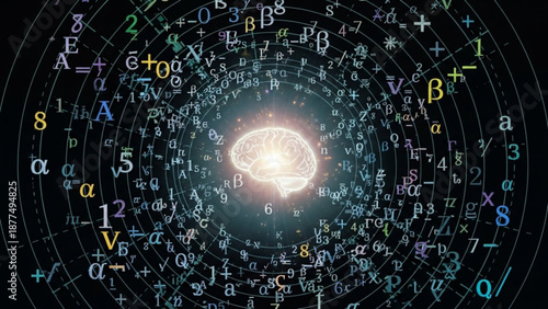 Glowing brain surrounded by mathematical equations and symbols in concentric circles on a dark background representing science and knowledge