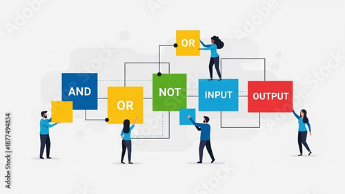 People working together on a flowchart with logical operators and input output process