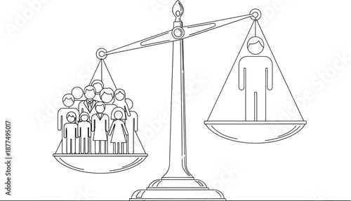 Conceptual black and white line art illustrates the imbalance of justice or power when weighing the value of an individual against a group of people.