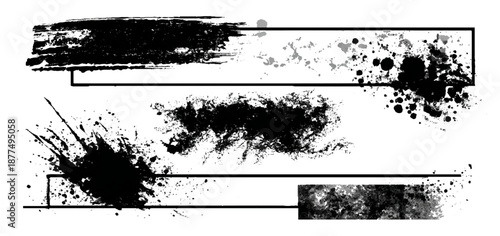 Abstract black ink paint grunge brush stroke border set background. grungy rough brushstrokes splatter stains dirty textured and transparent background vector collection.