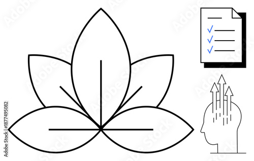 Wellness concept. Wellness ed by a lotus flower, checklist organization, and mindset idea with arrows. Wellness improves productivity and mental focus. For mindfulness, balance, self-care, personal