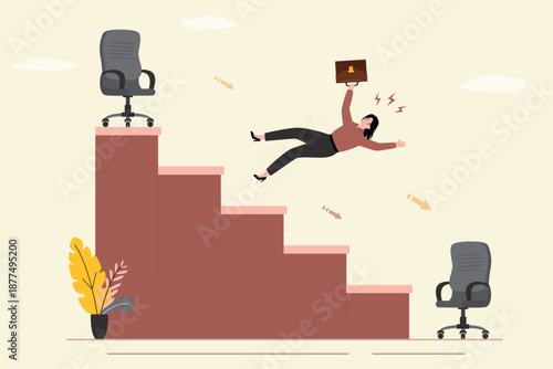 Demotion, concept. Businesswoman loser fall down from career ladder. Regress, economic crisis or career stumble. Business risk, mistake or failure, challenge or problem