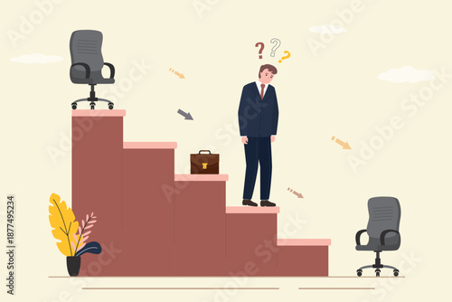 Demotion, concept. Businessman loser go down from career ladder. Regress, economic crisis or career stumble. Business risk, mistake or failure, challenge or problem and difficulty
