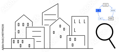 City outline with buildings, magnifying glass symbolizing focus, and flowchart diagram for process or data exploration. Ideal for urban planning, research, strategy, analysis, innovation, education