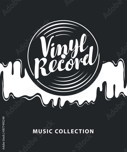 Vector menu or banner for music cafe with old vinyl record with inscription vinyl cafe on the background of spreading caramel in vintage style. Music collection. No ai