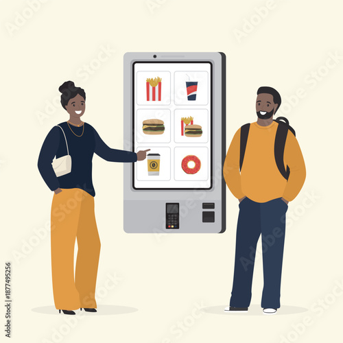 Male and female character places fast food order at modern touchscreen kiosk. Hungry friends selects food from specialized online vending machine. Technology of food order