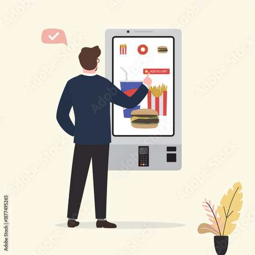 Male character places their fast food order at a modern touchscreen kiosk. businessman selects food from a specialized online vending machine. Technology of food order.