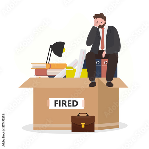 Layoff, fired businessman sitting at office box with things, depression, procrastination. Job loss due to crisis, contraction, economic decline. Dismissed employee, unemployment.