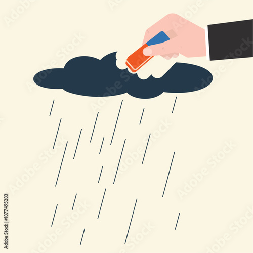 Human hand using eraser and erasing black rain cloud, the psychological process of recovering after great loss. Stop mental problems, psychological help.