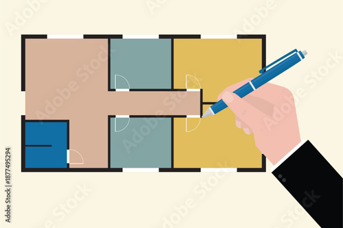 Architect, engineer drawing colorful architecture plan. Building, house or office floor plan template.