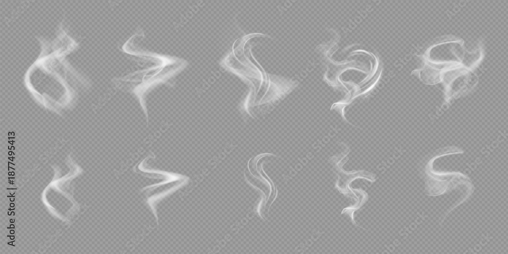 Fototapeta premium Realistic white cloud or fire smoke in the sky and vector weather element on transparent background. Chimney smoke, fog wave or cloud pattern with overlay effect. Cloud art or smoky air illustration.