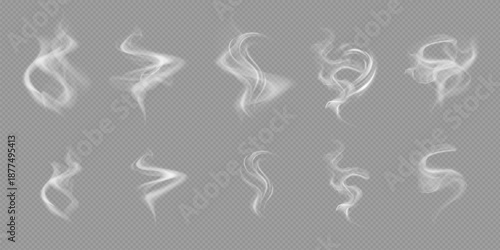 Realistic white cloud or fire smoke in the sky and vector weather element on transparent background. Chimney smoke, fog wave or cloud pattern with overlay effect. Cloud art or smoky air illustration.