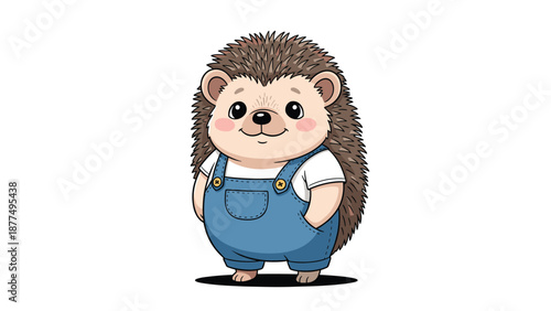 Adorable cartoon hedgehog character wearing blue denim overalls and a white t-shirt, standing happily on a white background.