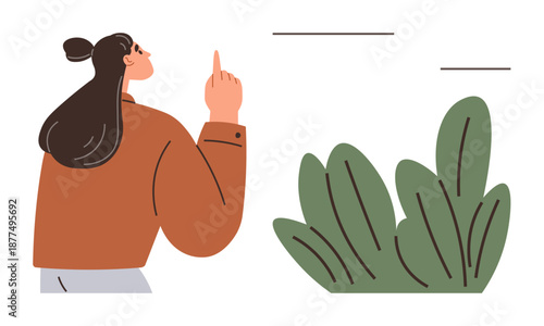 Communication, nature appreciation, self-expression, mindfulness, environment, design. Woman pointing upward with finger near green foliage. Communication and nature appreciation concept