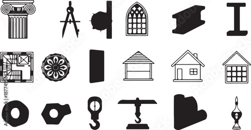 Collection of various biological and kitchen icons isolated on transparent background