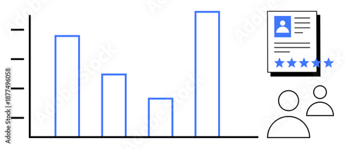 Bar graph indicating data analysis trends with user profiles and star ratings concept. Ideal for business analytics, HR recruitment, data insights, performance evaluation, statistics, team