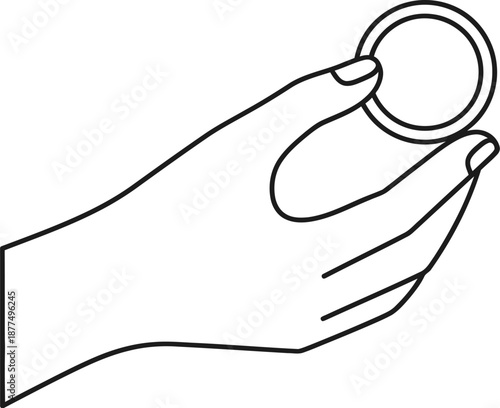 Simple line art illustration depicts a careful hand holding a single round coin or token between the thumb and forefinger against a white background