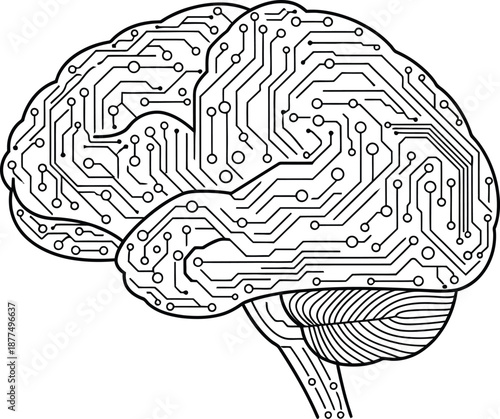 Schematic black and white illustration of a human brain overlaid with complex circuit board pathways symbolizing artificial intelligence and digital processing power