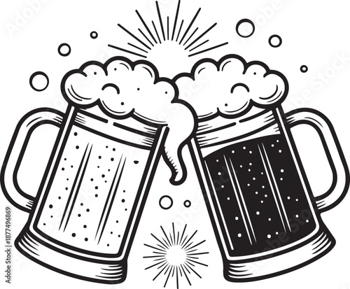 Pair of frothy beer glasses clinking in toast celebrating good times with refreshing alcoholic beverage in stylized vector graphic design for Oktoberfest and events