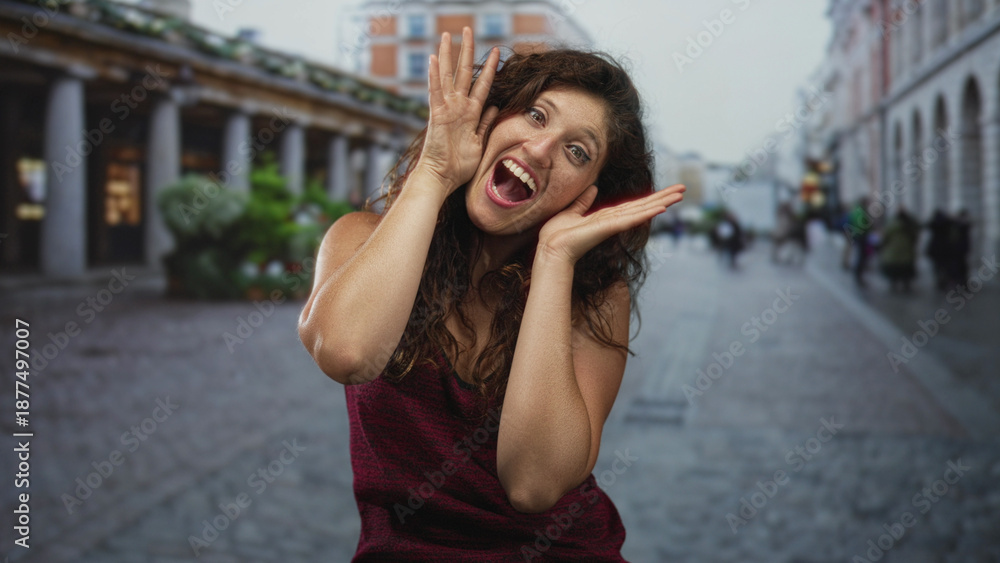 Fototapeta premium Young hispanic woman laughing with hands to face and covering eyes on a crowded cobbled street beside a colonnade of shops; joy playful surprise.