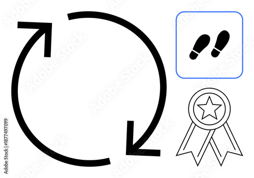 Progress tracking, achievements, workflow processes, goal setting, repetitive actions, motivational tools. Circular arrows, star ribbon and footprints in clean design. Progress tracking