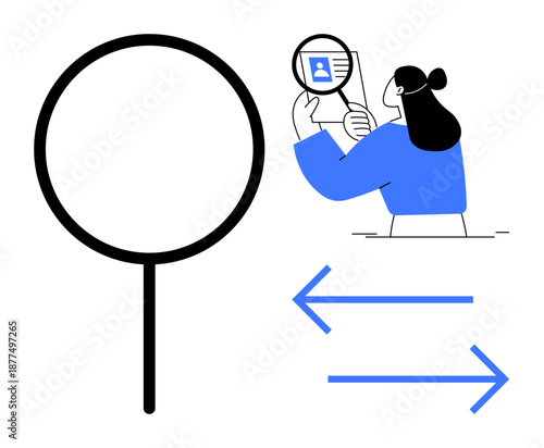 User identification ed by a person inspecting profile data with a magnifying glass. Focus on identity verification and data exchange. Ideal for cybersecurity, authentication, analytics, HR, fintech