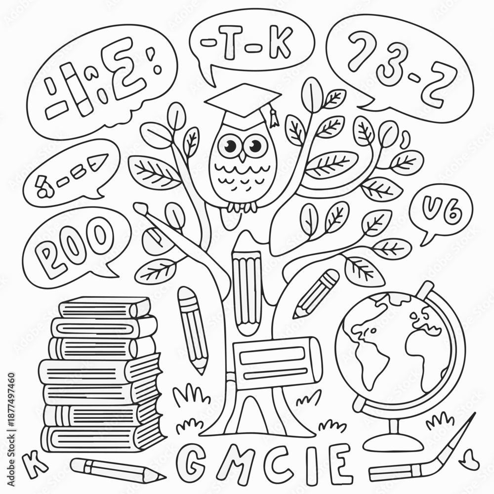 Obraz premium Education Concept Coloring Page with Wise Owl, Books, and School Supplies Doodle