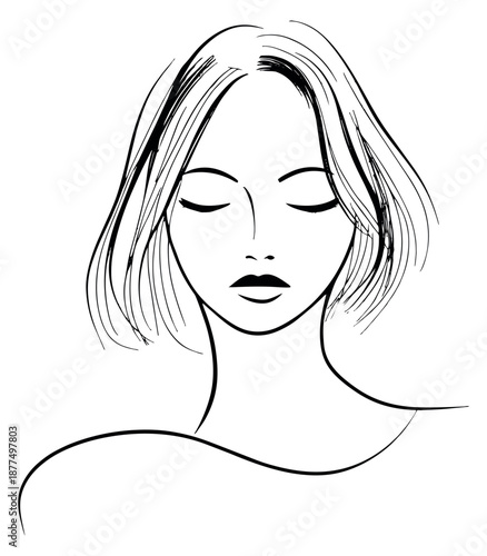 Hand drawn line art illustration of a woman depicting closed eyes for beauty and wellness designs