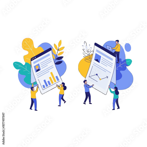 Tiny business people collaborate actively presenting large digital documents featuring vital data charts and performance metrics on transparent background