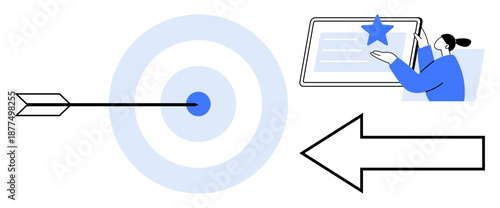 Goal achievement, business strategy, productivity, navigation, success planning, focus concept. Illustration of an arrow hitting a target, a person selecting a star on a tablet, and a navigation