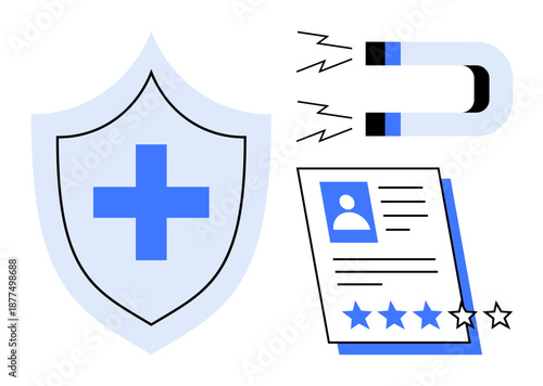 Shield with cross for health protection, magnet for attraction, profile with star ratings for credibility. Ideal for healthcare marketing, trust, rating, quality, recruitment, customer retention