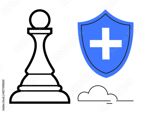 Risk management, strategic thinking, decision-making, safety, planning, health security. Chess pawn alongside a shield with a cross and a cloud. Risk management and strategic thinking