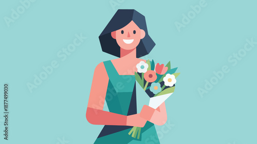 Illustration Of Woman Holding Bouquet And Smiling To Camera Vector Design Template