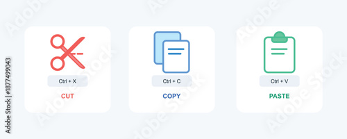 Cut, copy and paste icons vector set for office work, computer shortcuts, software interfaces and productivity tools. Clean flat UI icons for web and app design.