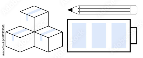 Energy, creativity, shipping, minimalism, productivity, modern design. Stacked cubes, a pencil and a battery icon aligned in a clean composition. Energy and creativity concepts visually